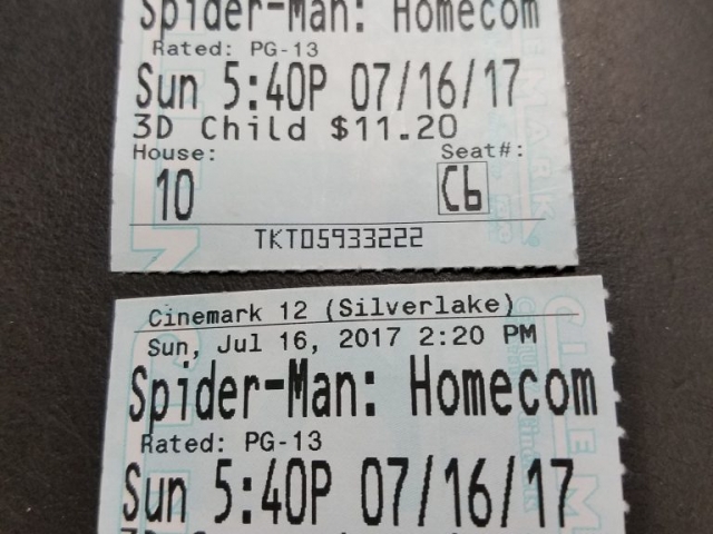 Our Tickets for Spider-Man: Homecoming Movie in 3D
